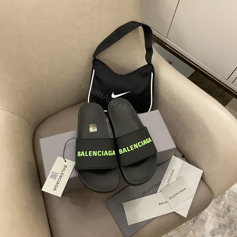 View 6 of Sleek Black Slides: Neon Balenciaga Logo, Allâ€‘Day Comfort