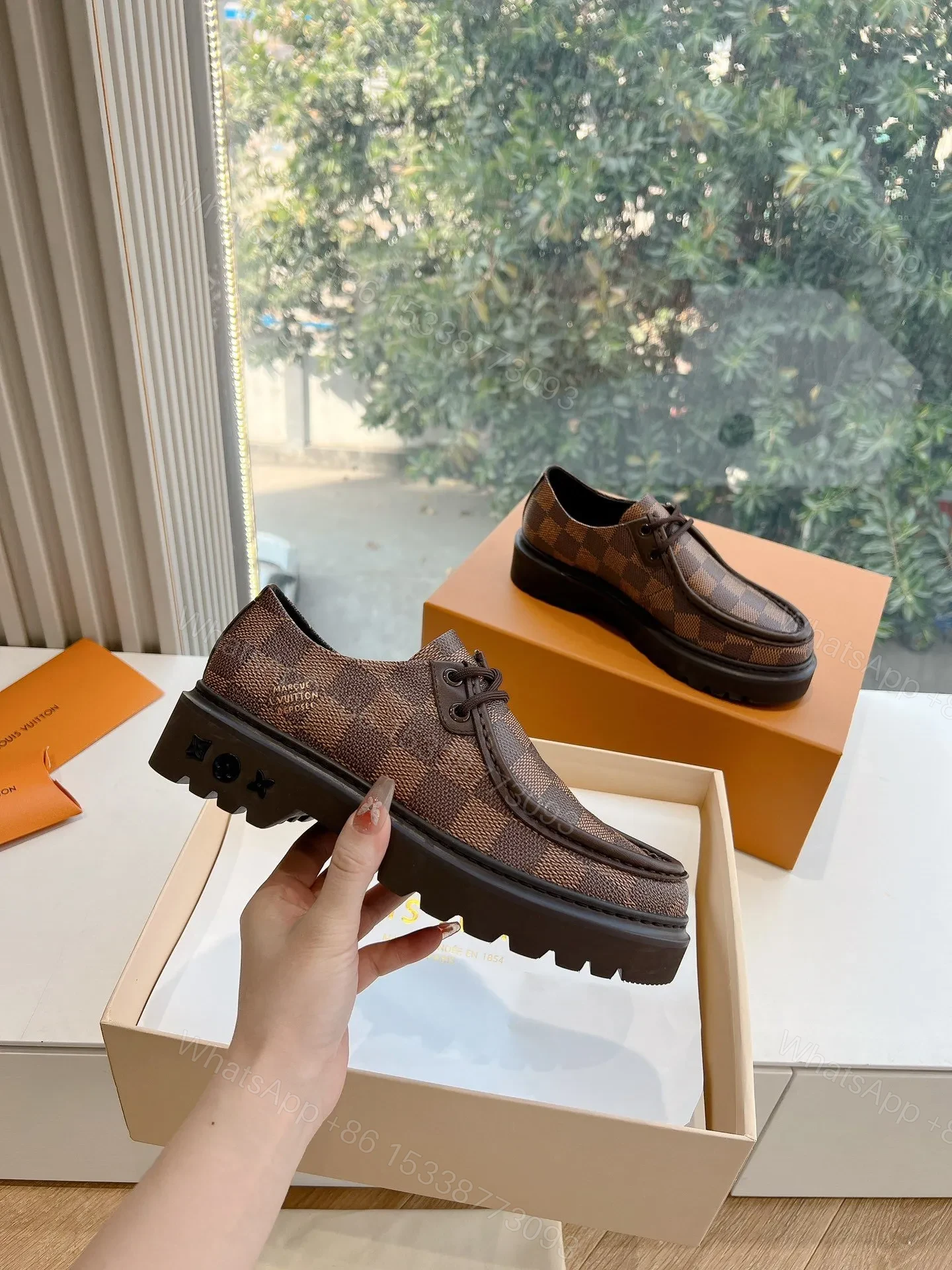 View 4 of LV Women Brown Checkered Leather Loafers
