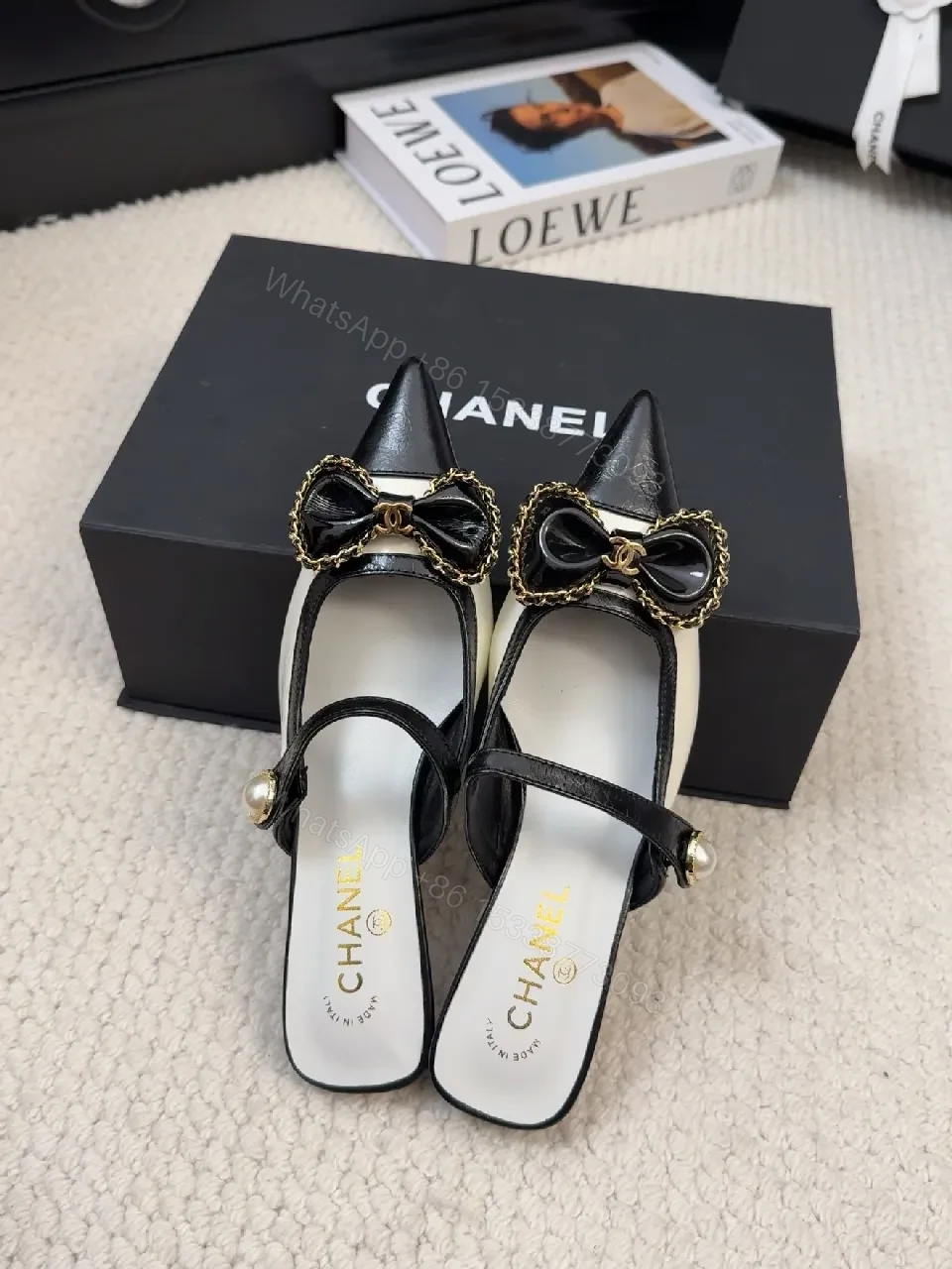 View 2 of Chic Ivory-Black Pearl-Trim Bow Pointed-Toe Mules