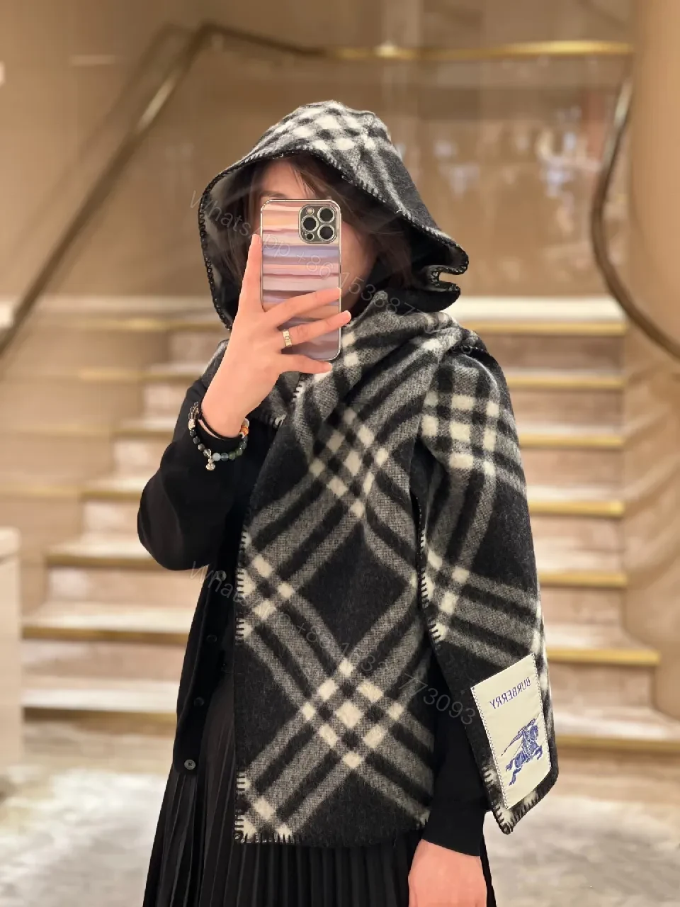 View 5 of Patterned Wool Hoodie Shawl: Luxe Plaid, Warmth & Zippered Edge