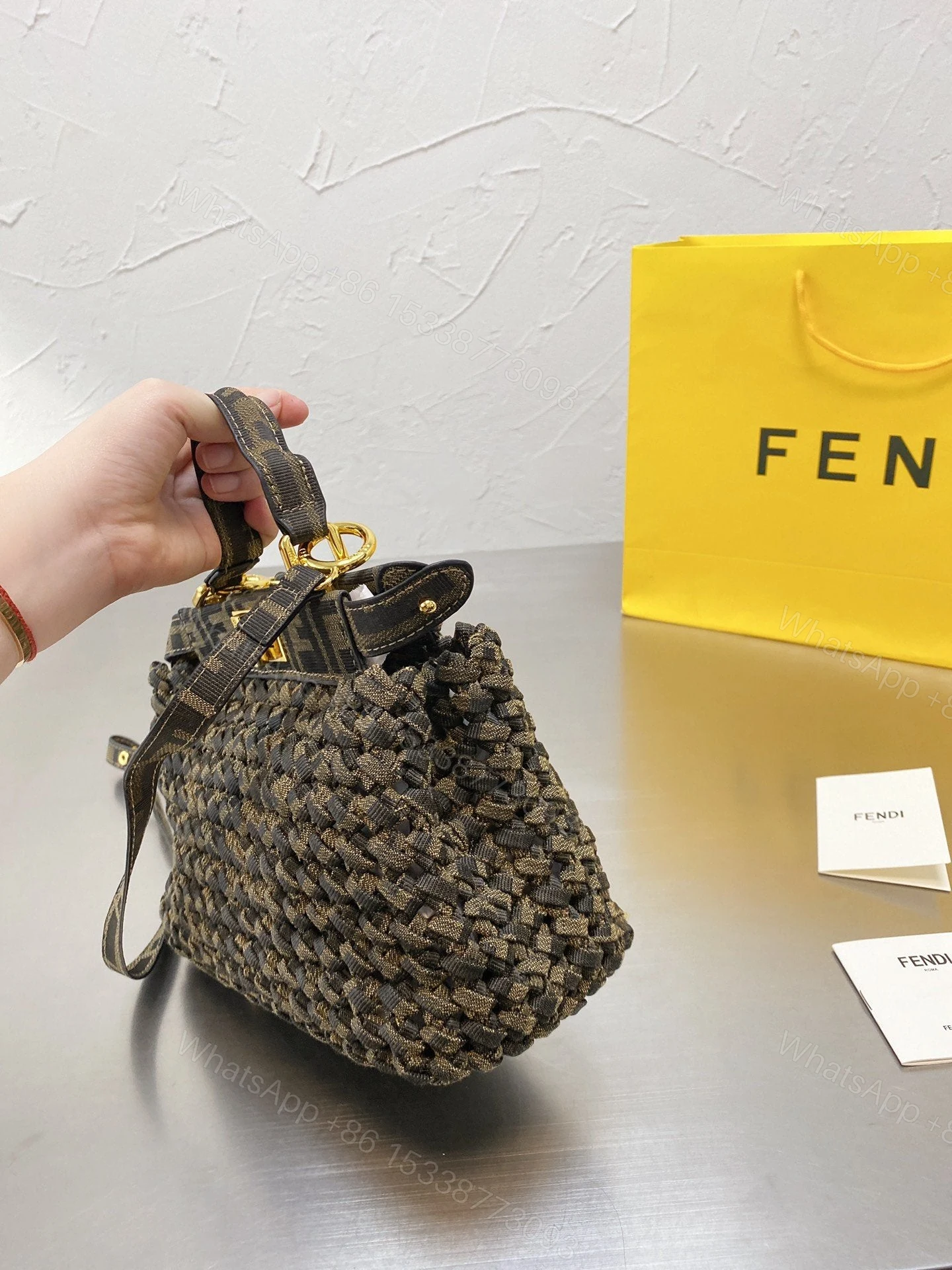 View 4 of Fendi Peekaboo Iconic Mini Jacquard Fabric Interlace Bag