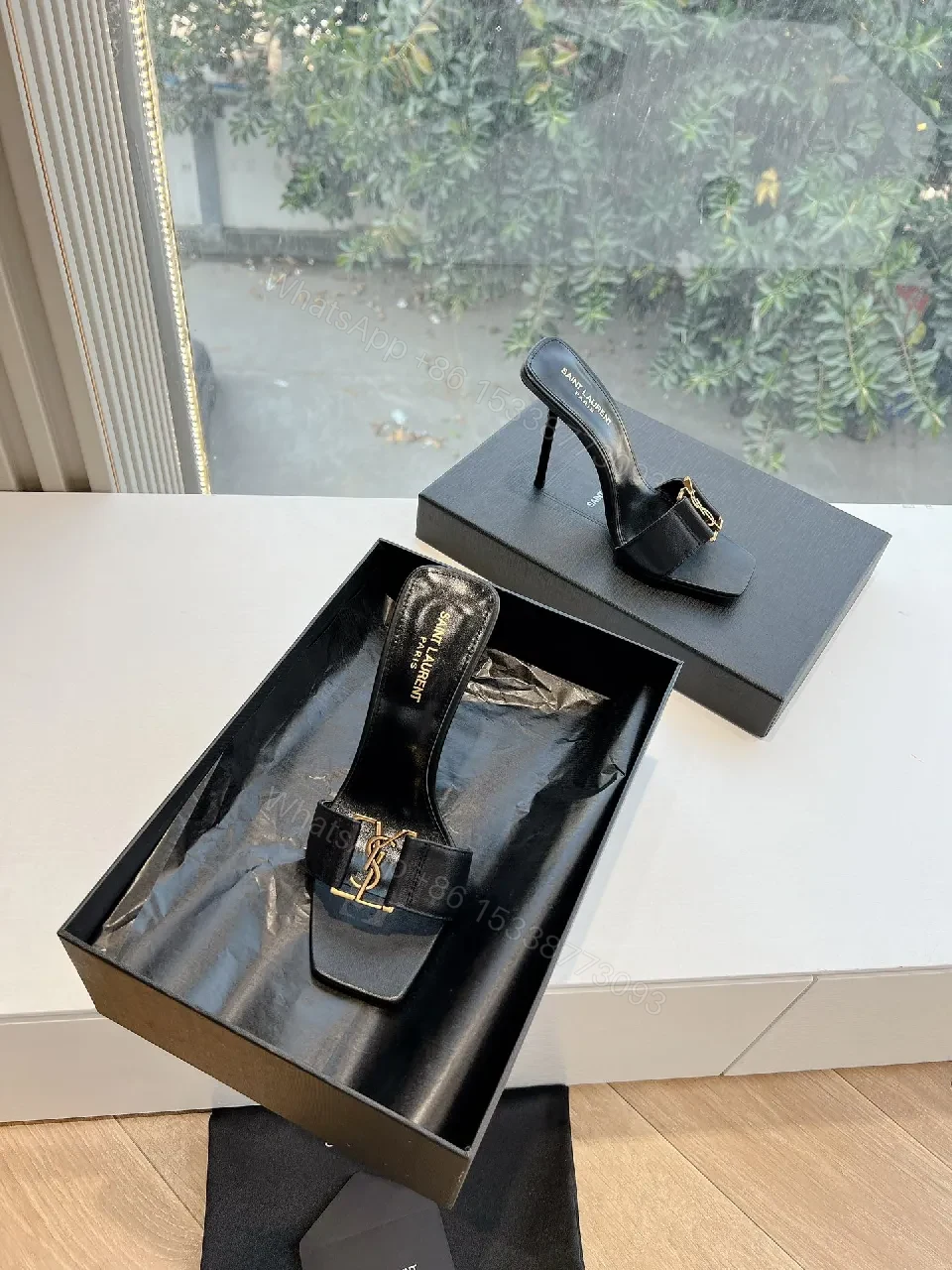 View 5 of Black Satin Mules with YSL Gold Emblem - Luxe Everyday Glam