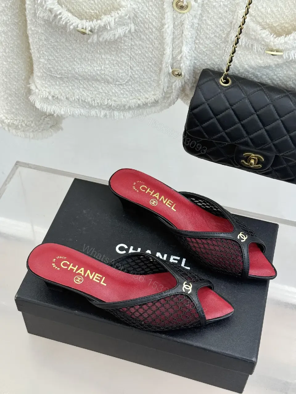 View 9 of Red/Black Satin Mesh Slip-On Heels Quilted Chain Bag (Chanel-inspired)