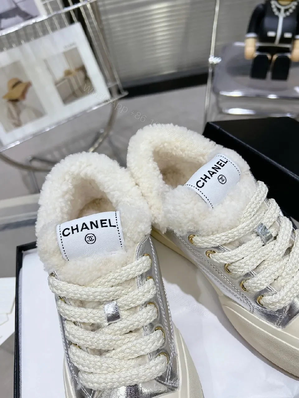View 9 of White Wool-Trimmed Metallic-Panel Luxe Sneakers