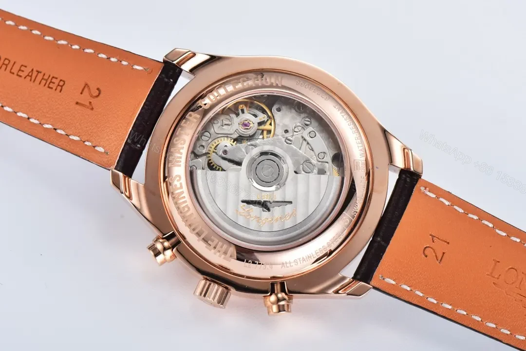 View 7 of Longines Master Collection Moonphase Chronograph Watch Rose Gold with White Dial and Brown Leather Strap