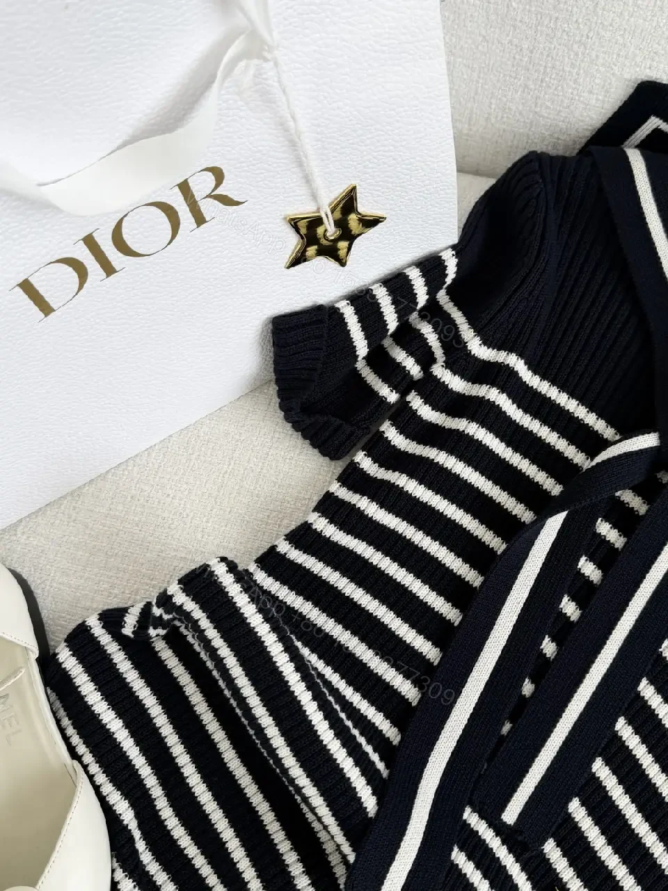 View 4 of Navy White Striped Knit Dress with Bow Tie - Dior-inspired