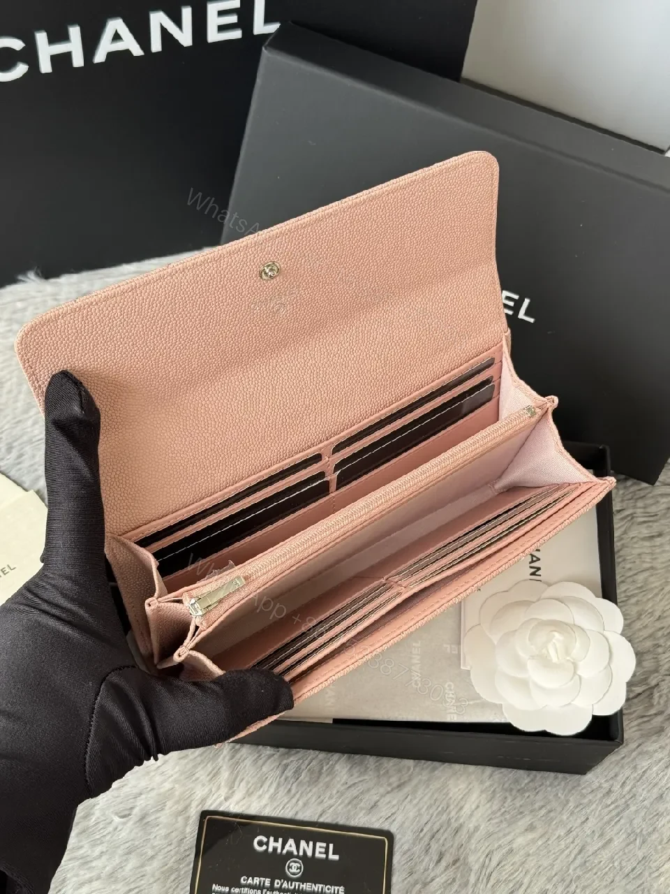 View 12 of Soft Pink Quilted Wallet with Silver Emblem - Compact Luxury Wallet