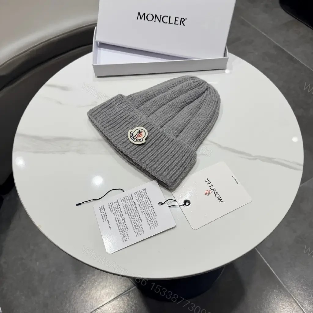 View 9 of Gray Knit Beanie, Moncler Crest, Luxury Streetwear Style, Warmth Ready