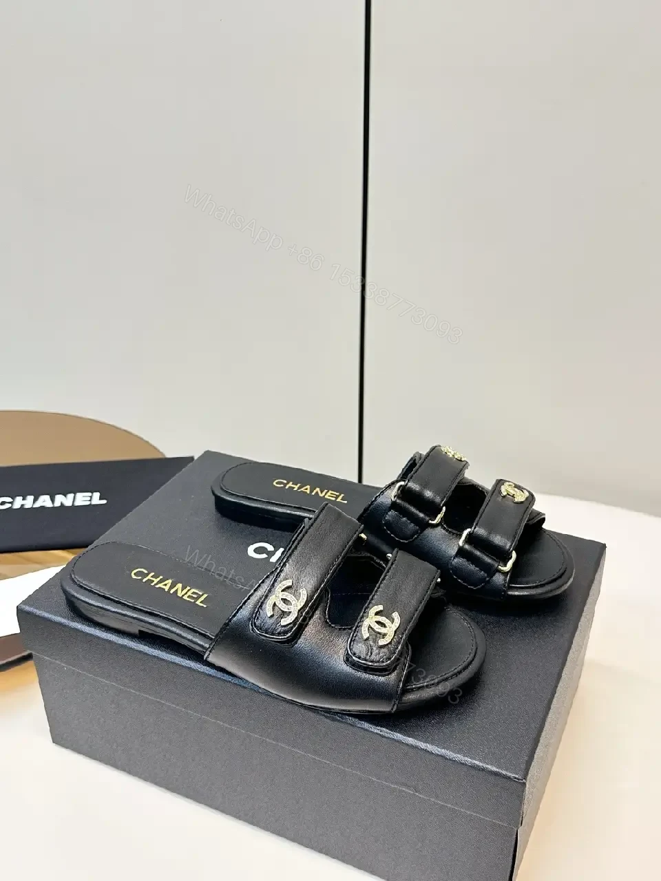 View 3 of Black Leather Slip-On Sandals with Gold Hardware - Sophisticated Everyday Glam