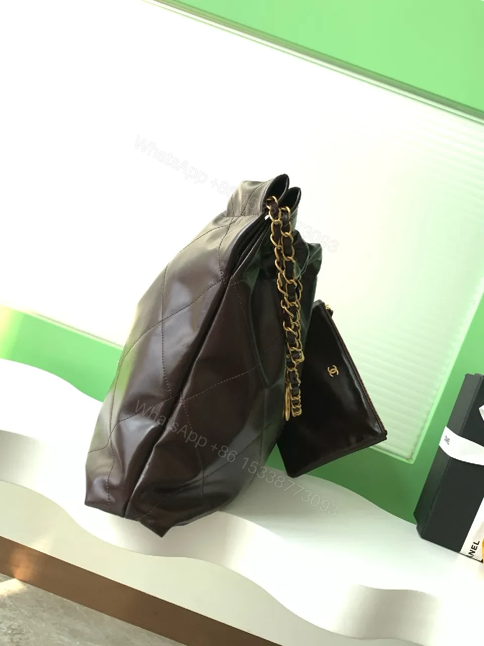 View 6 of Dark-Chocolate Quilted Tote with Gold Chain Bag