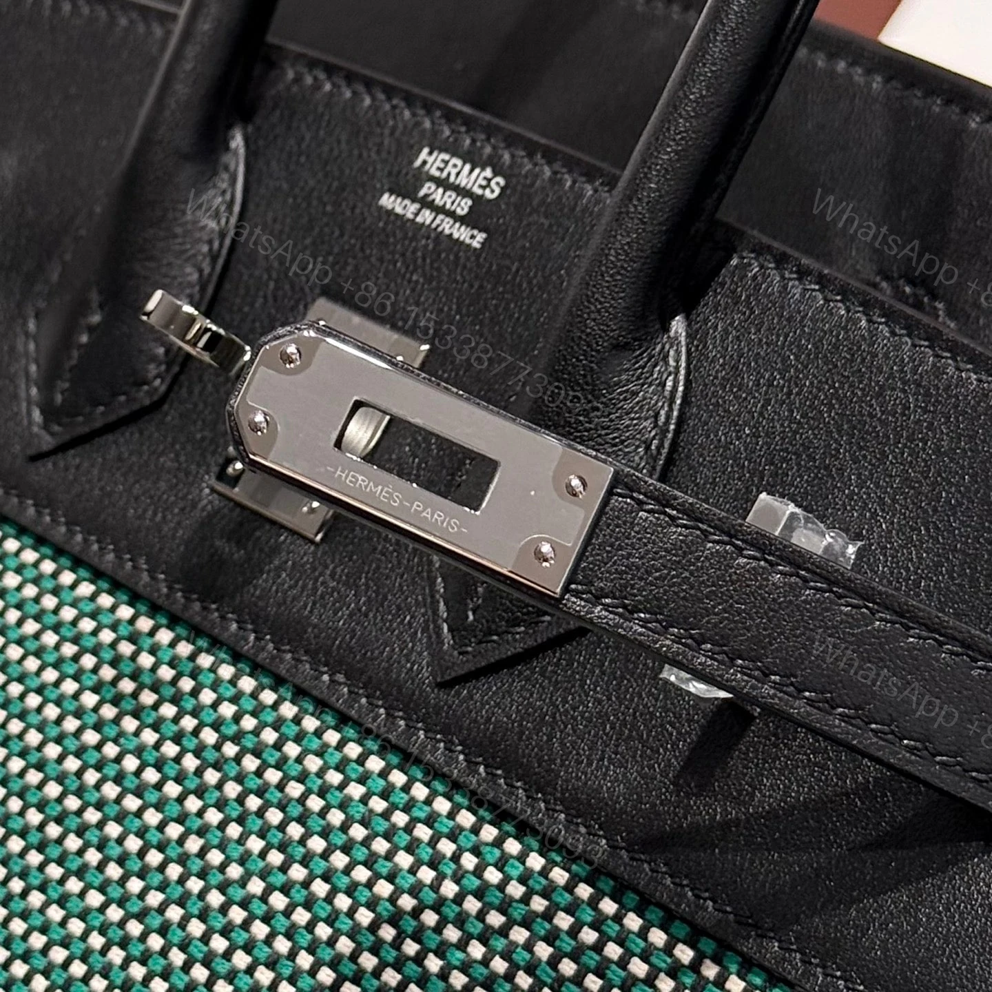 View 4 of HERMES BIRKIN 25CM IN BLACK SWIFT BLACK/MINT/BLANC TOILE CANVAS (CUSTOM-MADE)