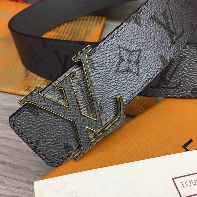 View 7 of Gray Leather Belt with Gold LV-Inspired Buckle