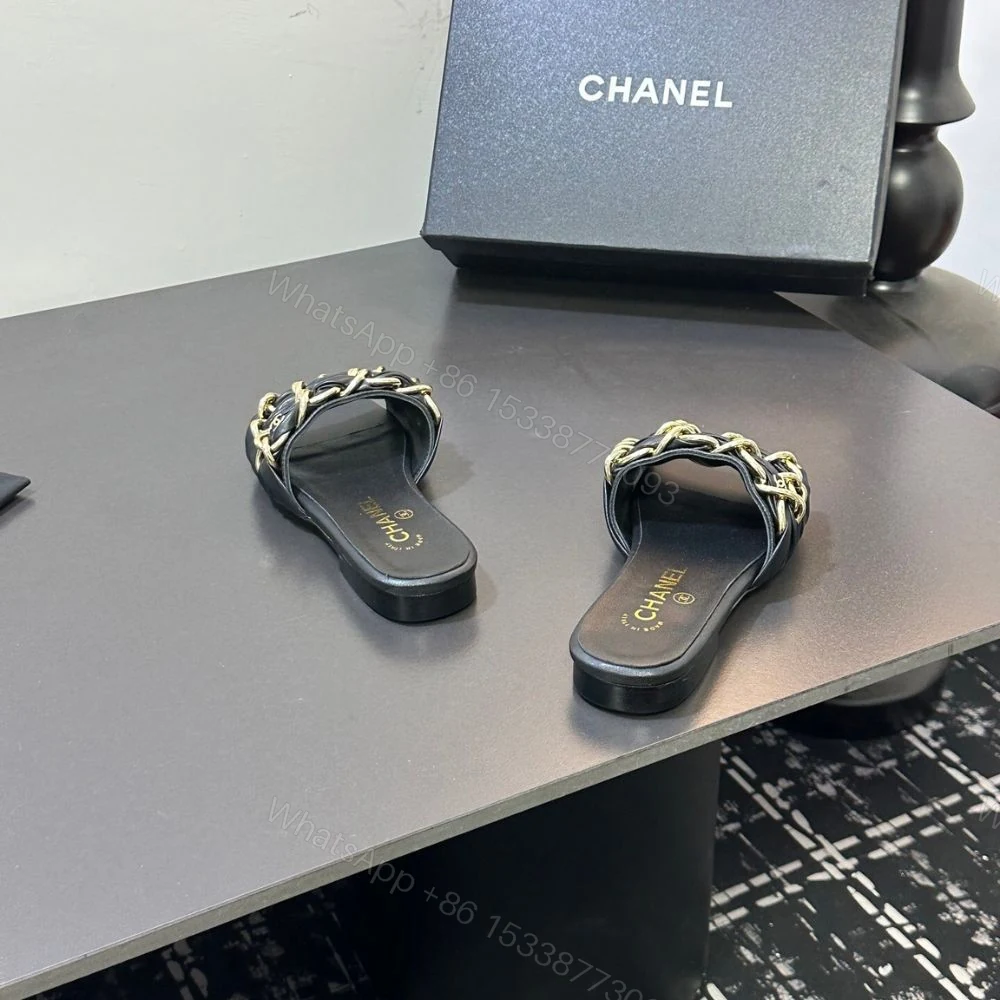 View 8 of Chanel Slide Sandals Gold Chain Black