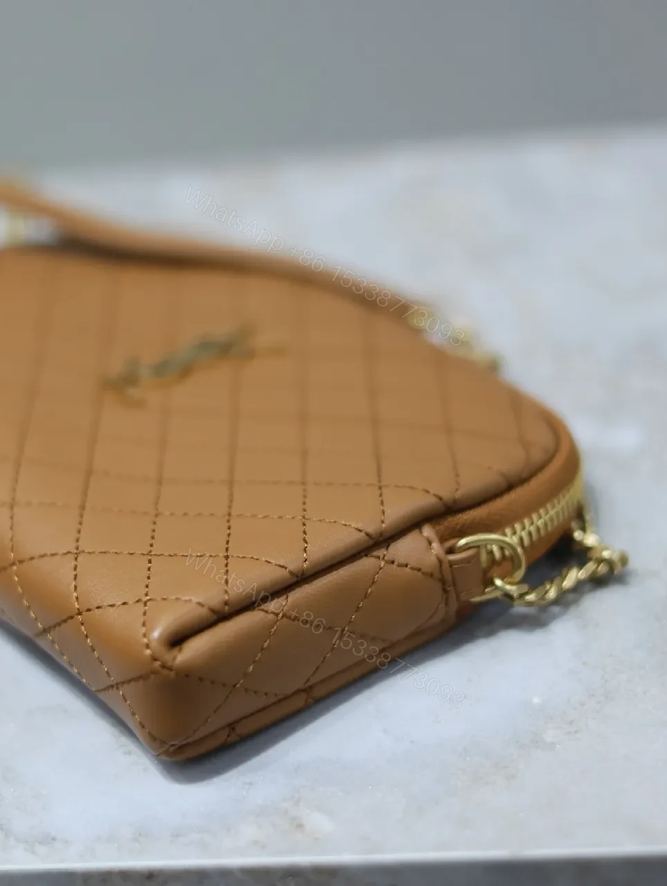 View 6 of Compact Tan Quilted Bag: Crossbody, Gold Hardware, Luxe Style