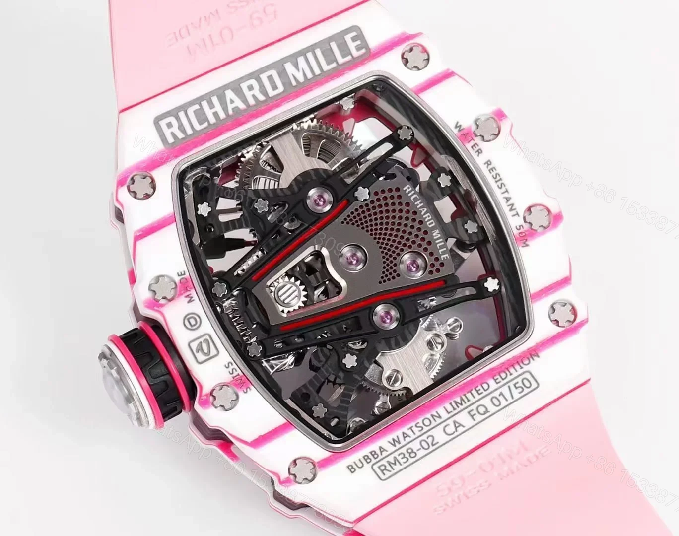 View 7 of Richard Mille RM38-02 Tourbillon Bubba Watson Watch Pink Quartz Carbon Fiber Case Skeleton Dial Manual Winding Tourbillon 10000G Shock Resistant Golf Edition RM38-02-BW-PINK-QCF-GT