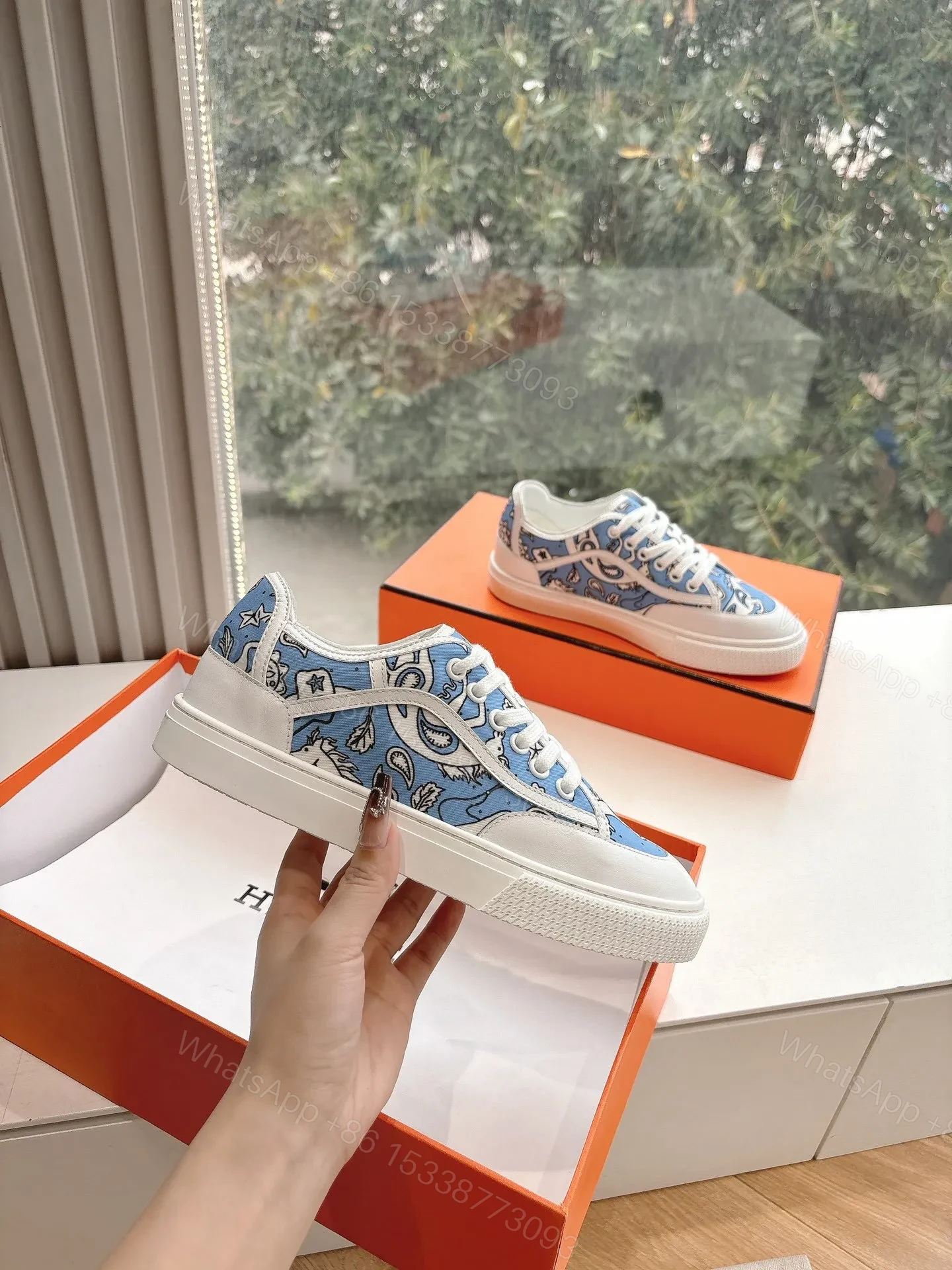 View 4 of Hermes Women Light Blue Canvas And White Sneakers