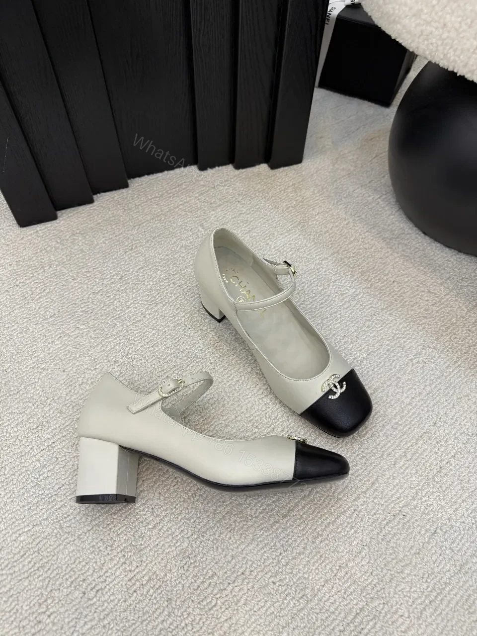 View 2 of Ivory/Black Two-Tone Pumps with Ankle Strap, Classic-Edge Style