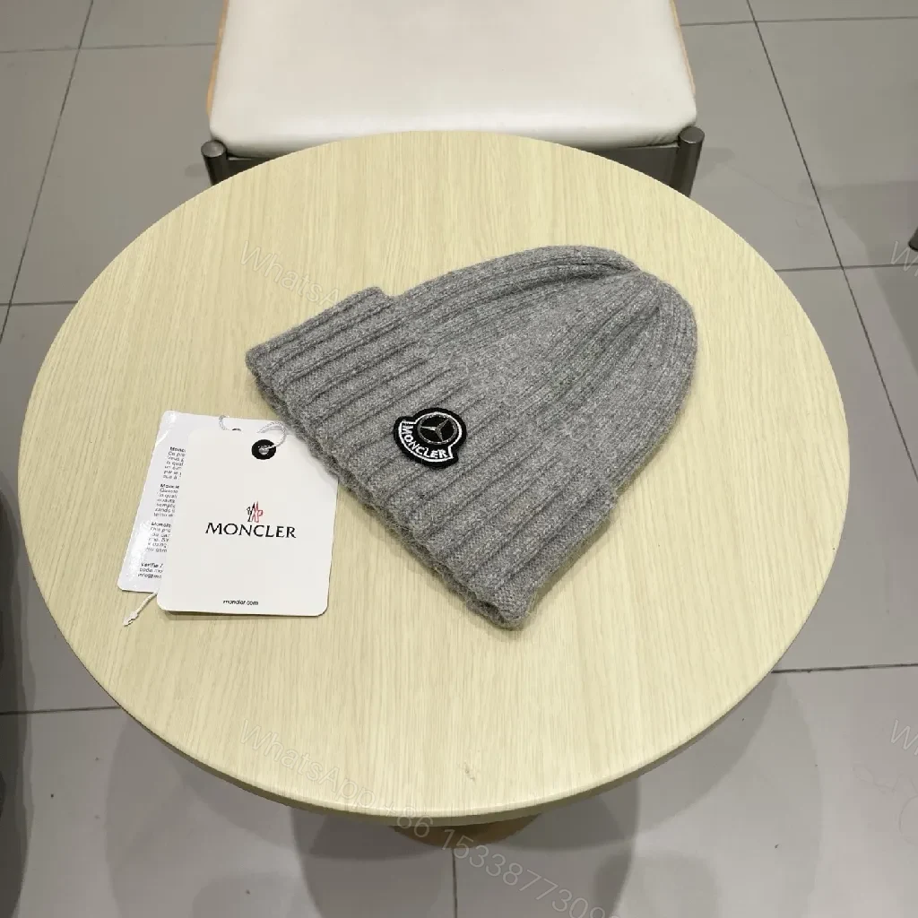View 5 of Grey Knit Beanie - Premium Ribbed Style, Moncler Badge Feature