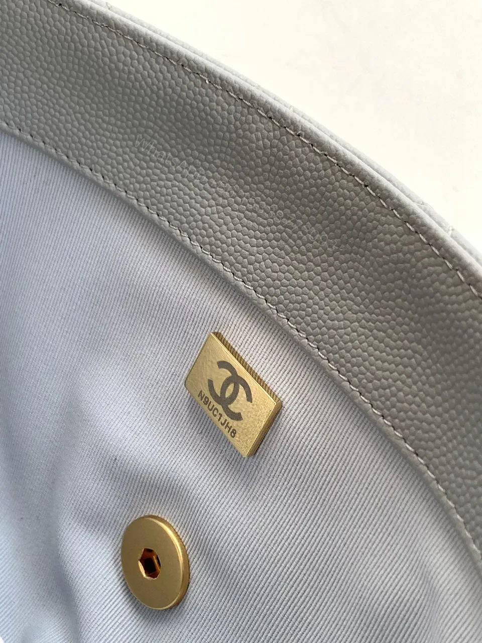 View 3 of Gray Quilted Classic Bag with Gold Chain, Structured Silhouette