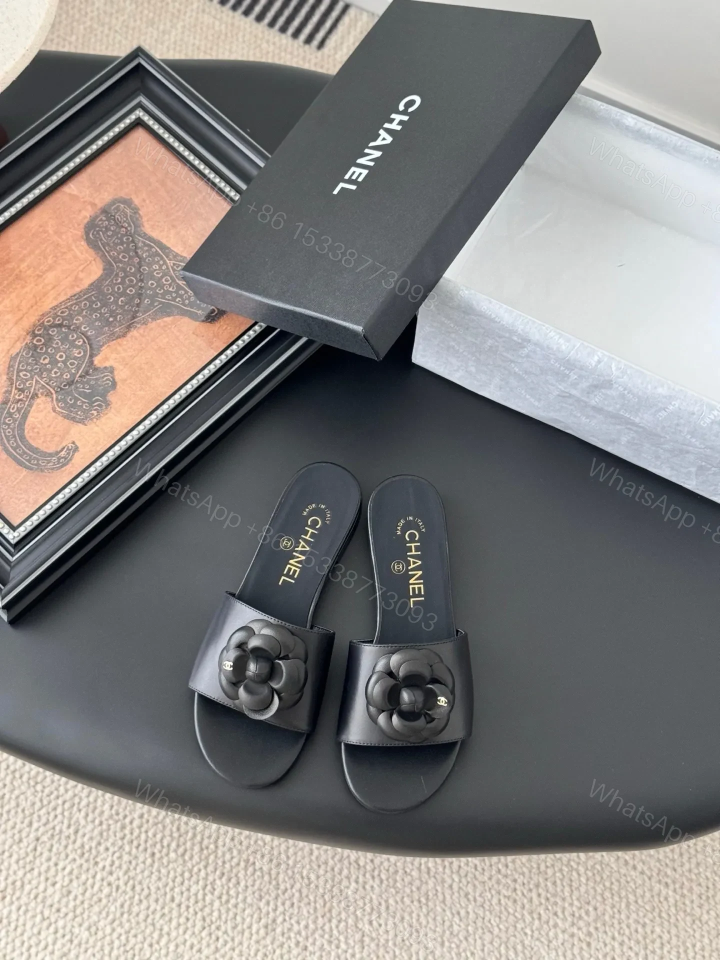 Chanel Women Black Leather Flower Detail Slides — view 1