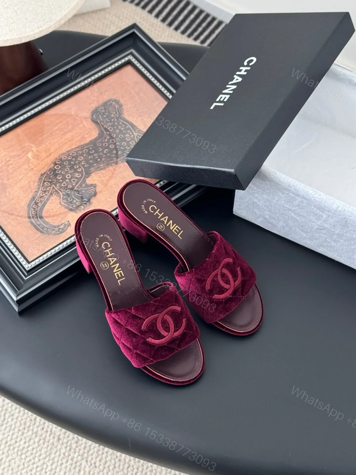 View 6 of Chanel Women Burgundy Velvet Slide Sandals