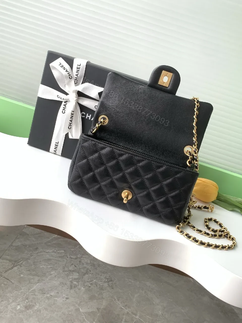 View 7 of Quilted Black Leather Crossbody, Gold Hardware, Luxury