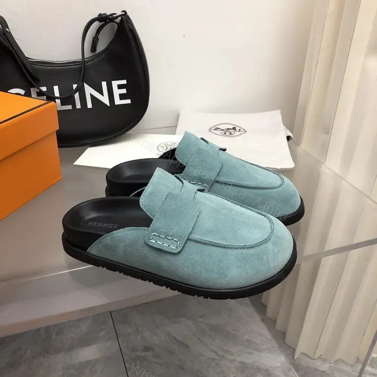 View 3 of Powder Blue Suede Driving Slippers â€“ Luxury Hermes-Inspired Style
