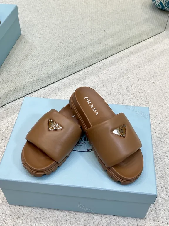 View 6 of Brown Leather Prada-Trim Slide Sandals with Modern Edge
