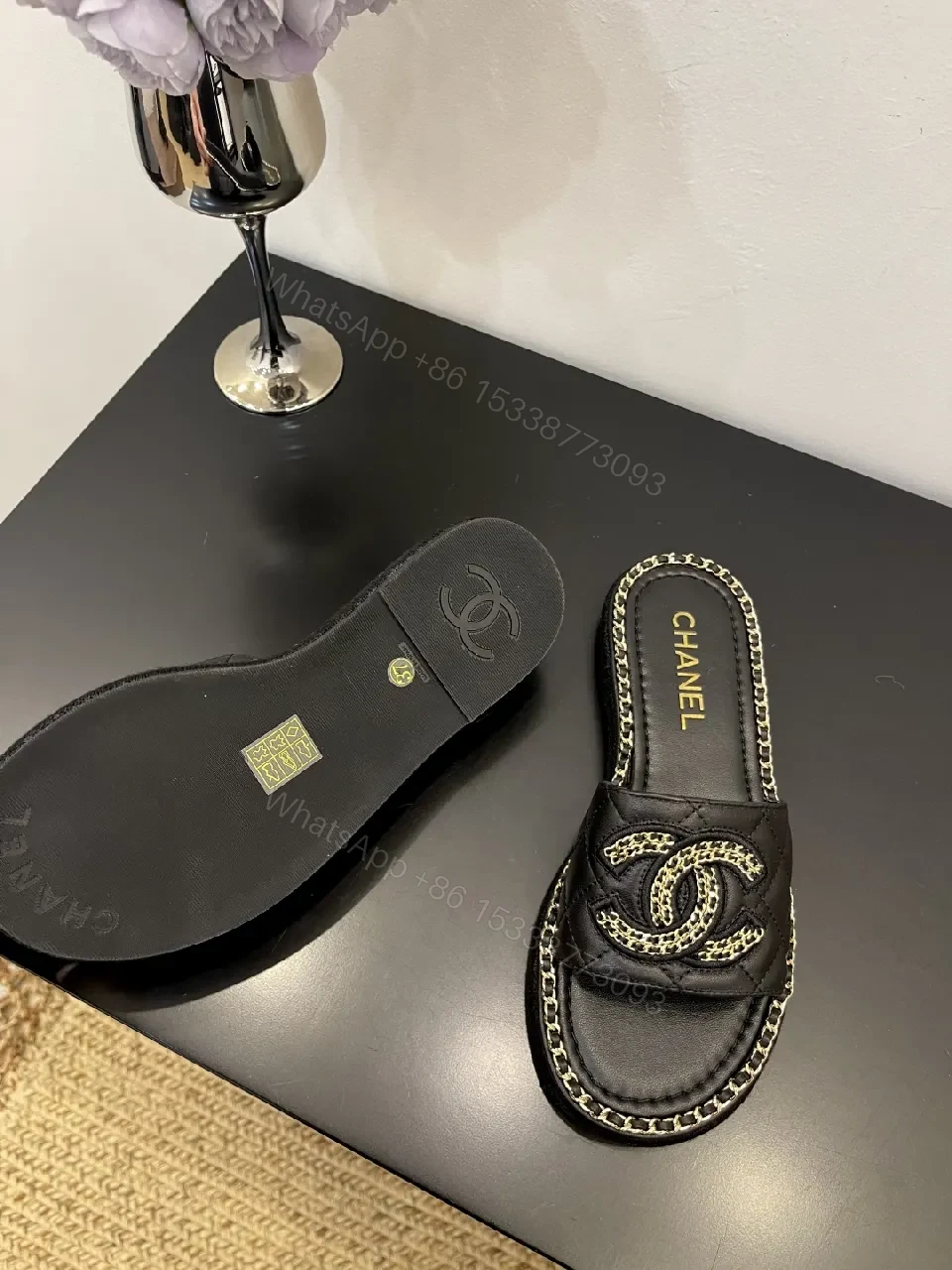 View 7 of Black Leather Slip-Ons with Chain Detailing Sandals