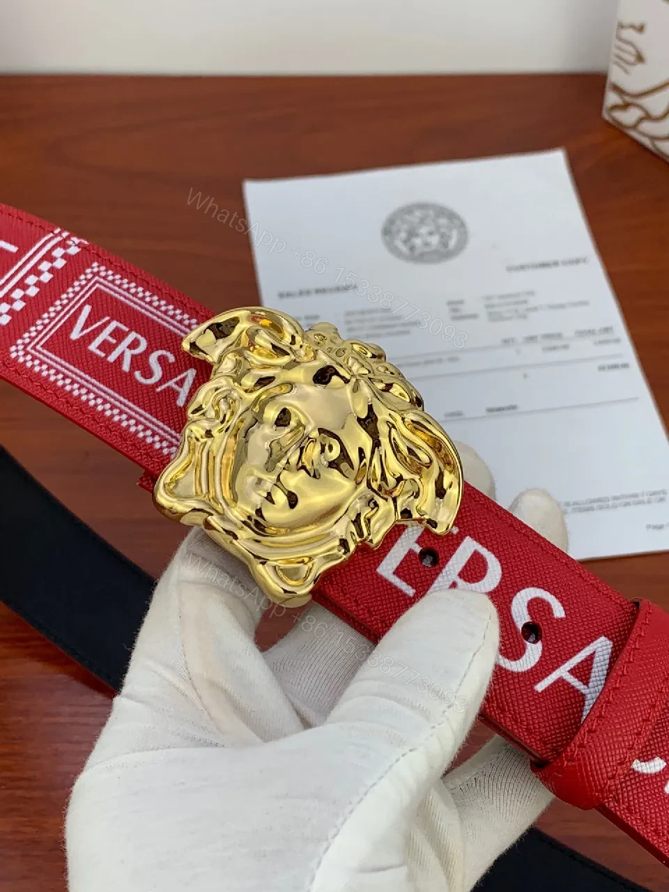 View 7 of Red Leather Belt with Gold Medusa Buckle, Luxe Versatile Accessory