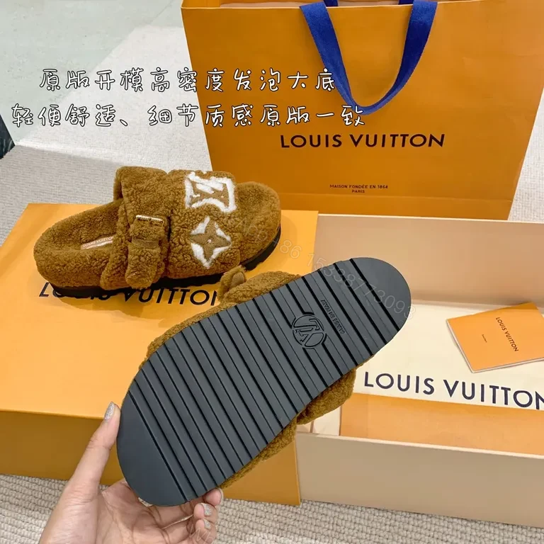 View 5 of Plush LV Monogram Fur Slides â€“ All-Day Luxury Comfort
