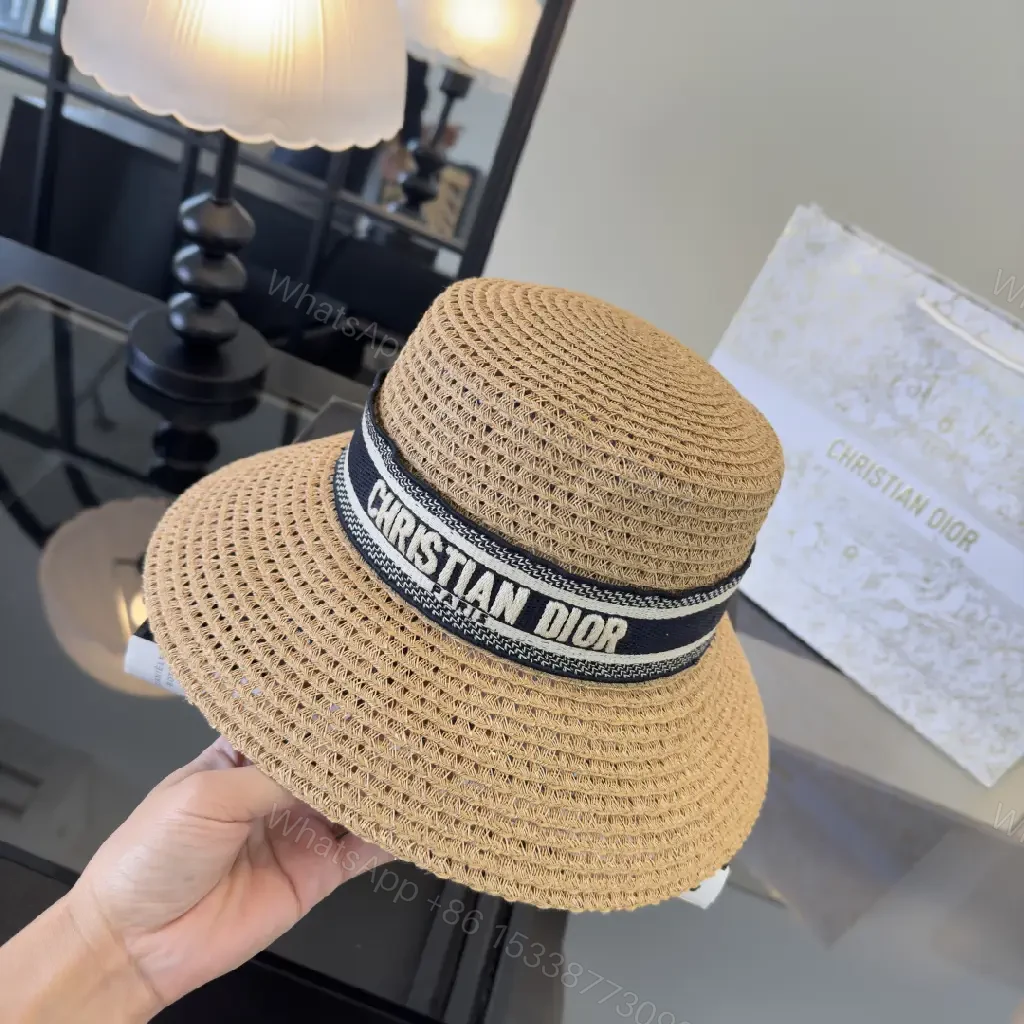View 2 of Natural Straw Boater Hat with Ribbon Brand Stripe - Dior Inspired