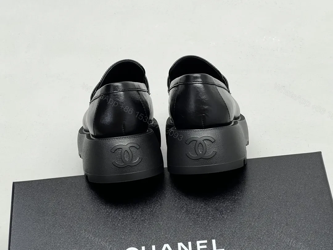 View 3 of Black Leather Chunky-Soled Loafers with Gold Monogram Band