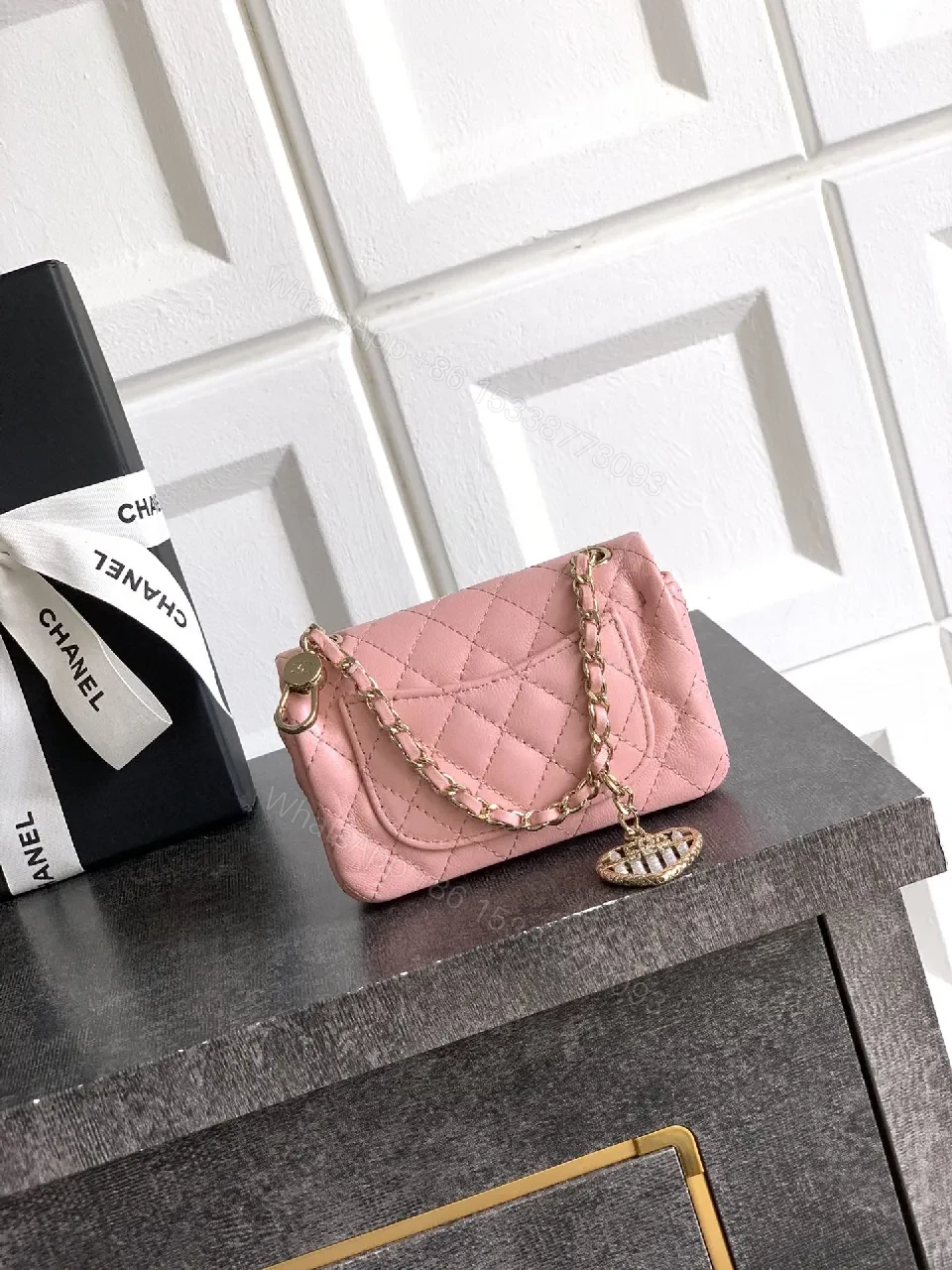View 7 of Pink Quilted Mini Shoulder Bag - Gold Chain, Heart Charm, Lux Leather