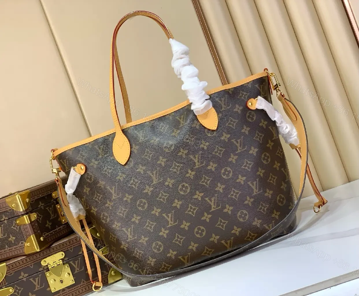 View 4 of Dark Brown Canvas Tote with Monogram Pattern and Leather Trim