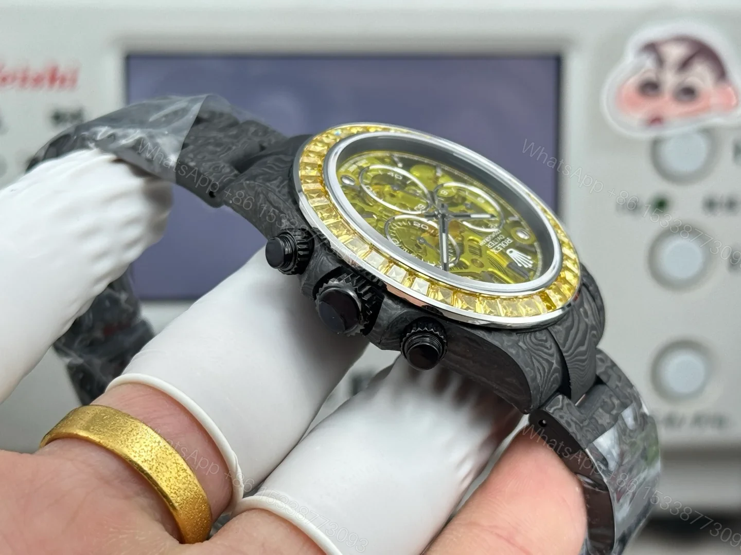 View 6 of Carbon Fiber Daytona Yellow Skeleton Chronograph Watch 40mm Yellow Bezel Carbon Strap Automatic DAY-CARBON-YELLOW-SKELETON-40MM