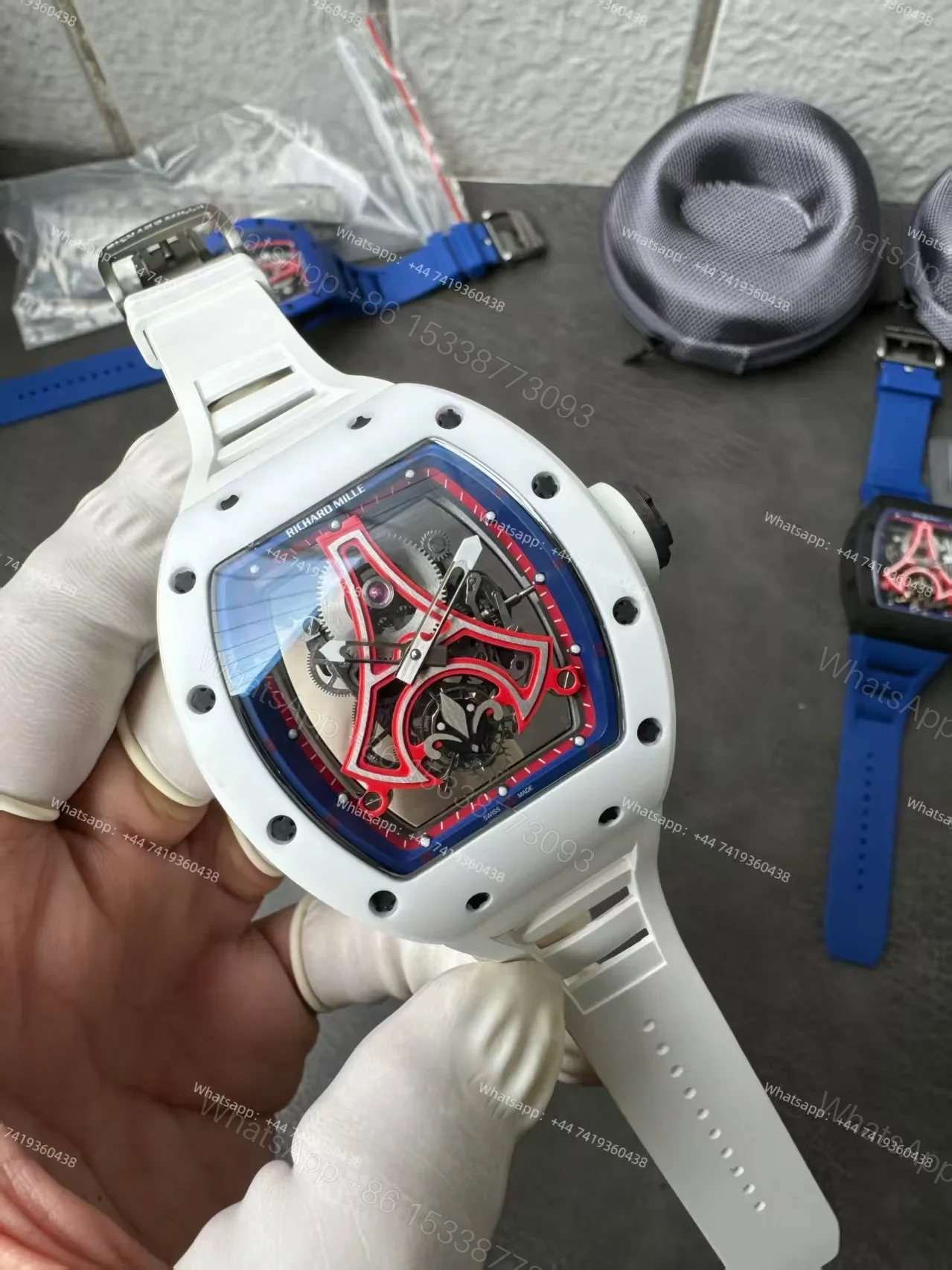 View 8 of Super Clone Richard Mille RM52-03 White Ceramic Paris Saint-Germain Skeleton Tourbillon 1:1 Replica Watch