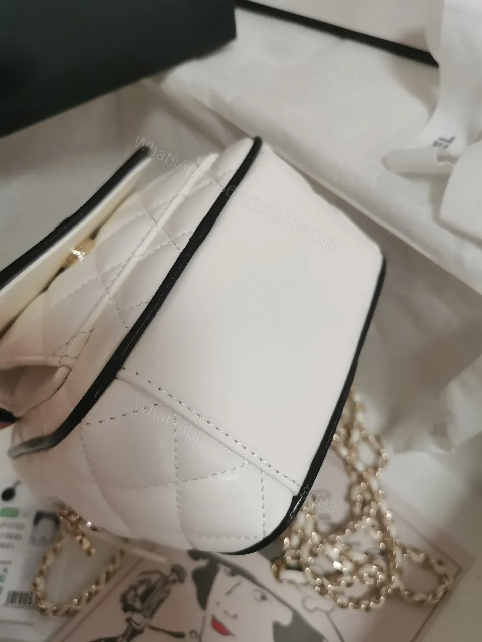 View 4 of Quilted White Bag with Gold Chain: Classic Mini Comfort