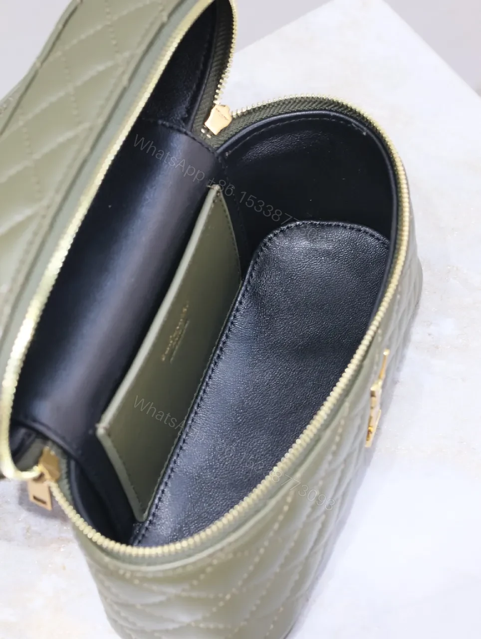 View 3 of Compact Olive Quilted Crossbody with Gold Hardware
