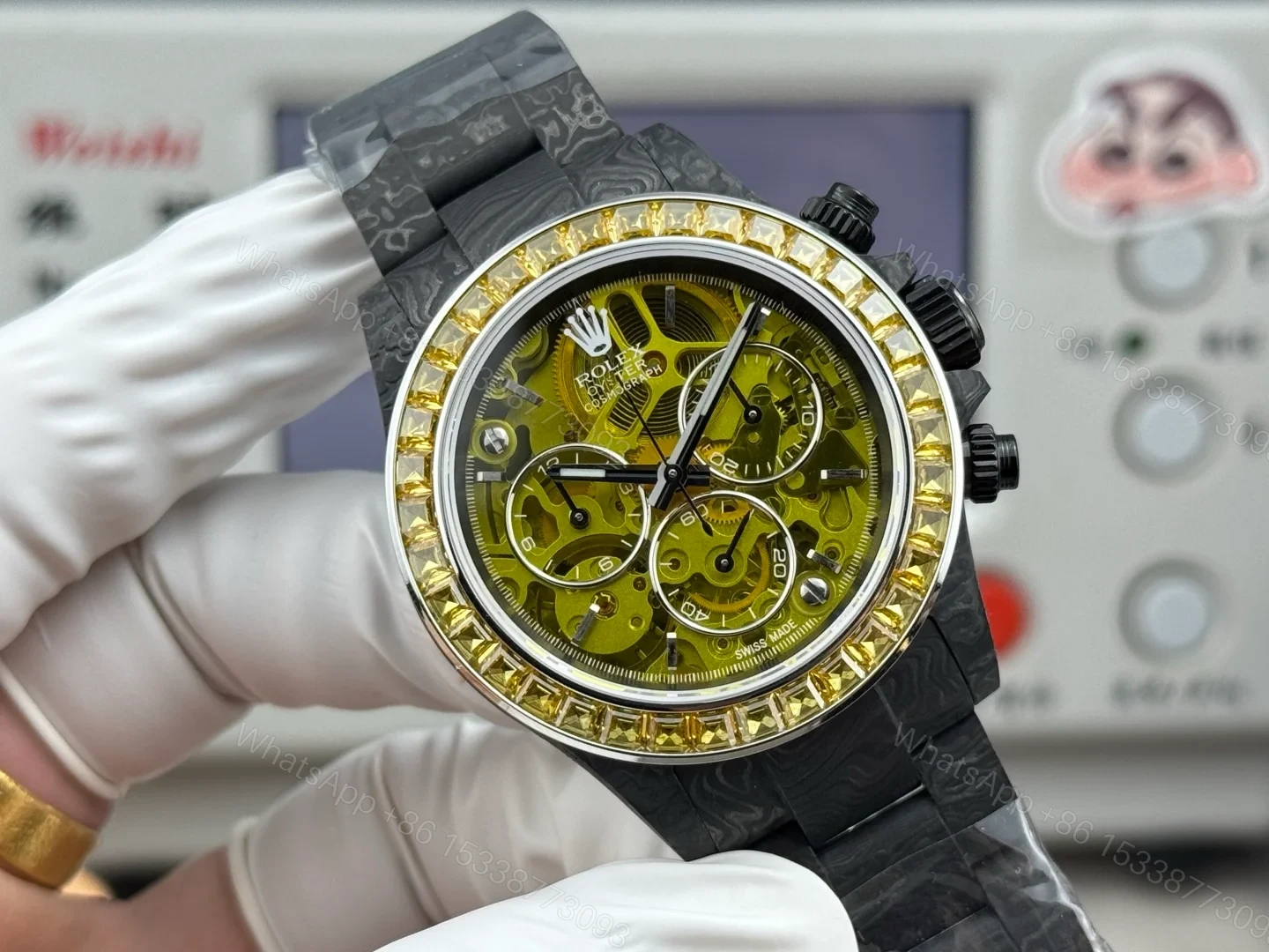 View 2 of Carbon Fiber Daytona Yellow Skeleton Chronograph Watch 40mm Yellow Bezel Carbon Strap Automatic DAY-CARBON-YELLOW-SKELETON-40MM