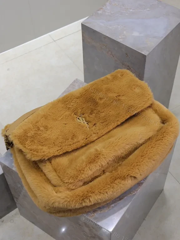 View 3 of Lux Teddy Fur Shoulder Bag with YSL Emblem â€“ Cozy Luxe Crossbody