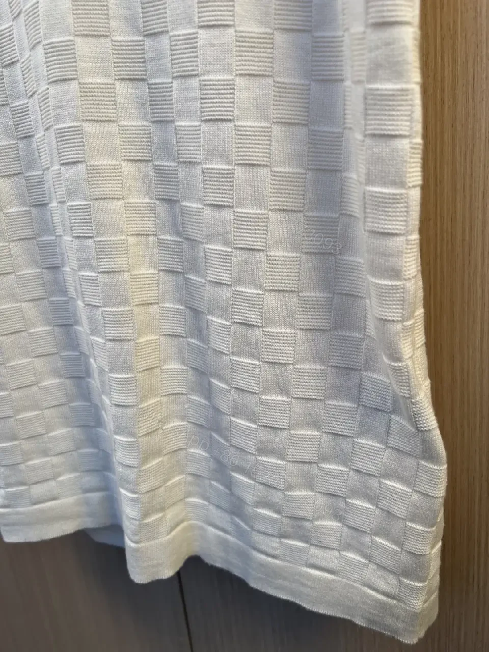 View 3 of Off-White Cream Polo Shirt, Subtle Grid Pattern, 3-Button Placket