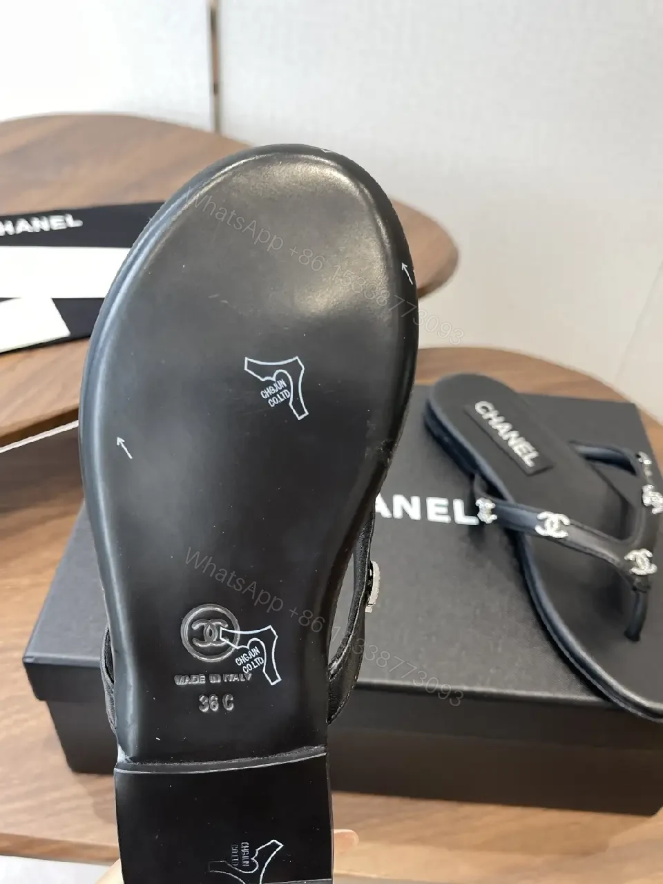 View 9 of Black Leather Flip-Flops Faux Pearl Thong Comfort CHANEL-inspired Sliders