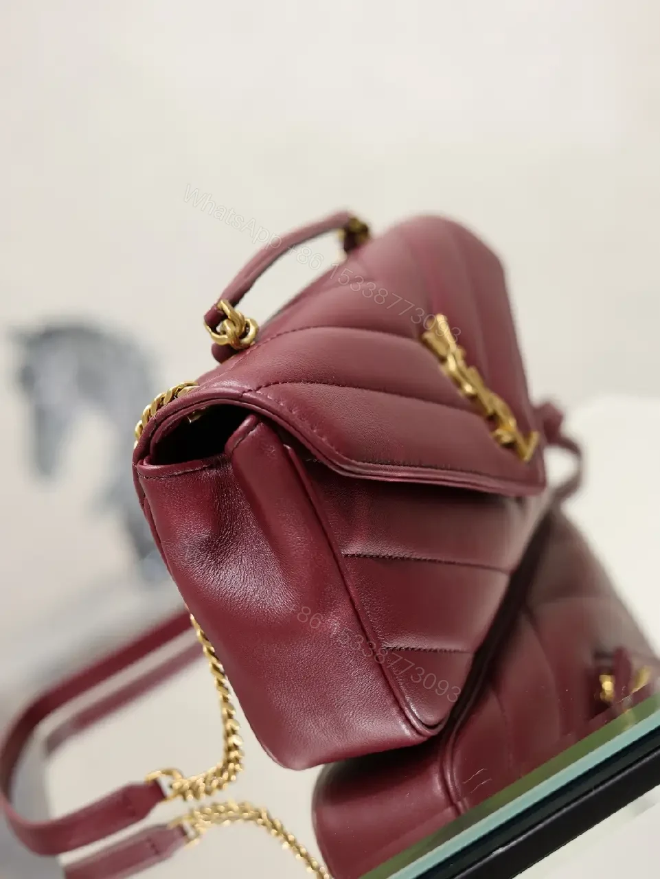 View 10 of Burgundy Leather Quilted Flap Bag with Gold YSL Clasp