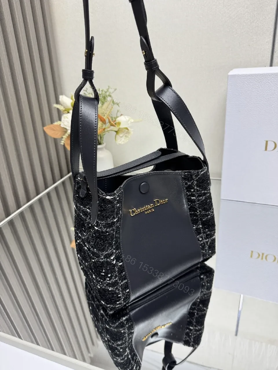 View 3 of Compact Black Leather Tote with Textured Panel, Adjustable Strap