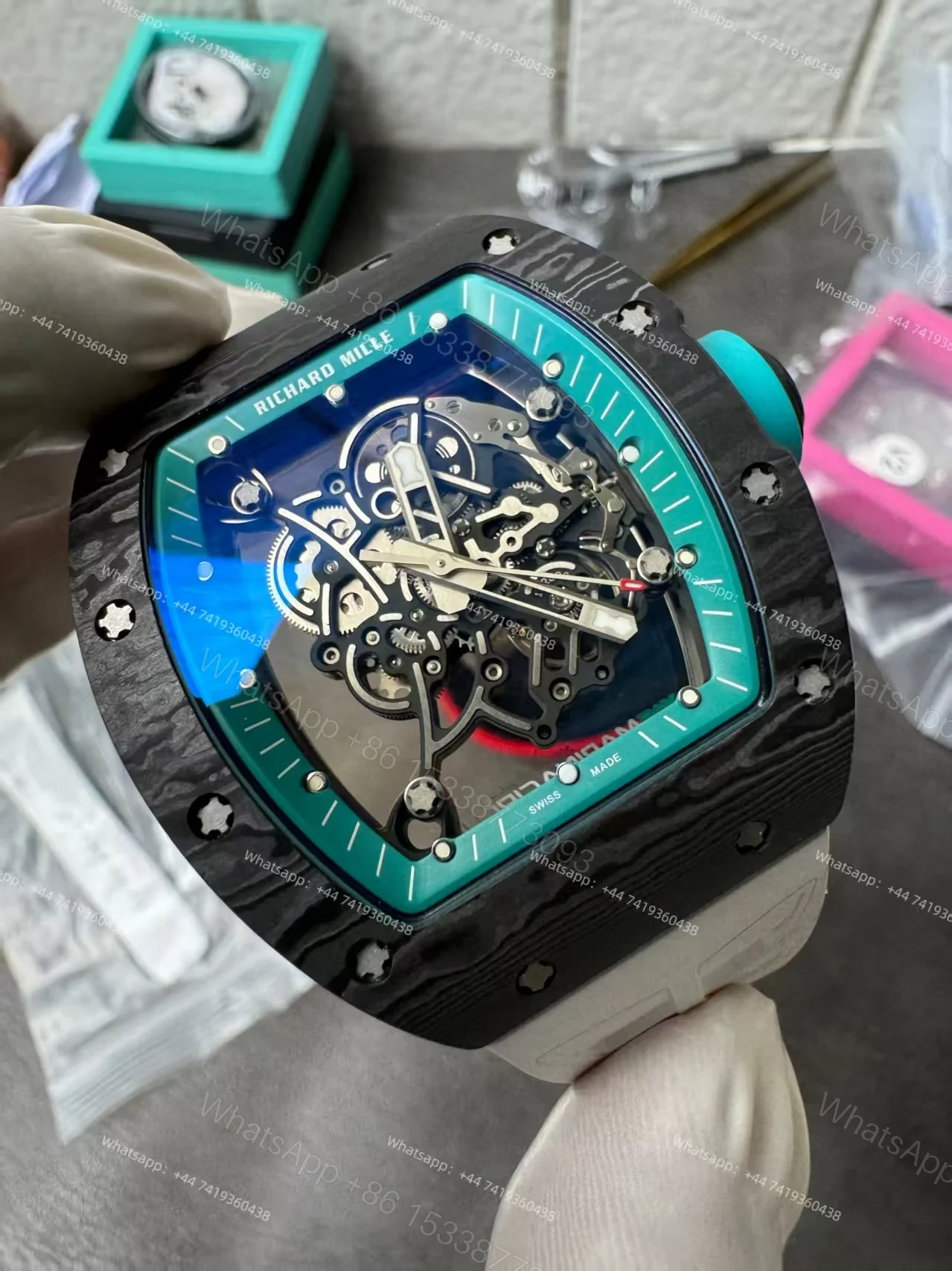 View 9 of Richard Mille RM 055 “Yas Marina Circuit” Carbon TPT Vaucher Free-Sprung White Rubber Strap Custom Super Clone