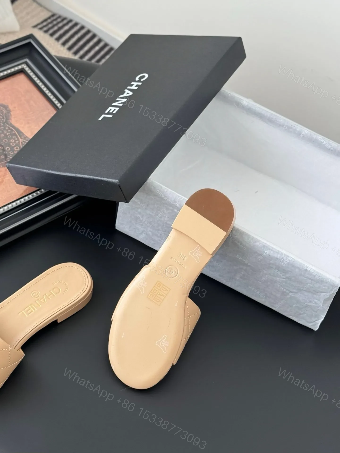 View 4 of Chanel Women Beige Quilted Leather Slides