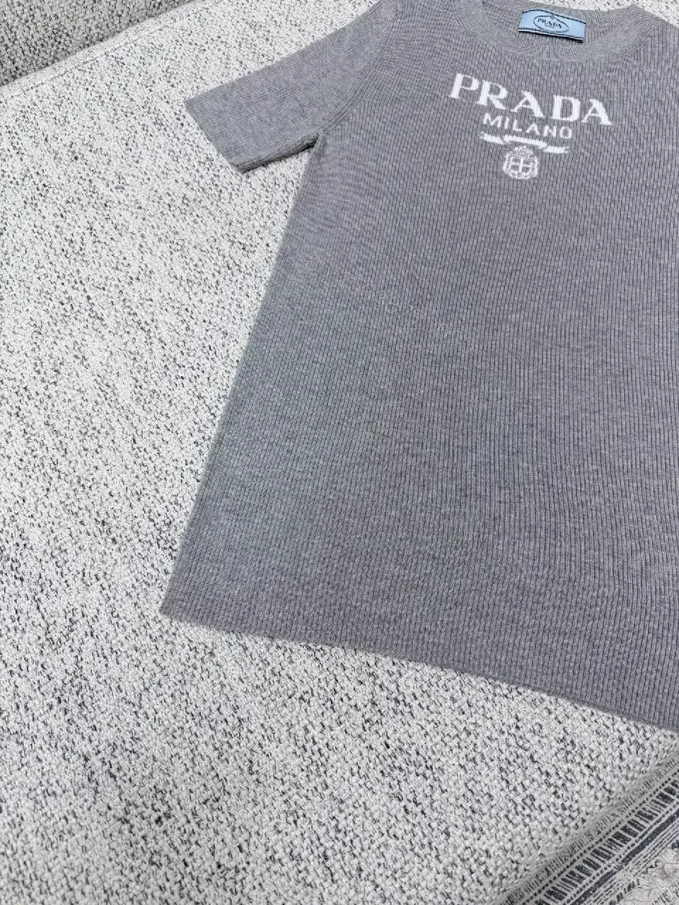 View 5 of Grey Ribbed Prada Milano T‐Shirt Dress: Subtle Texture, Everyday Luxury