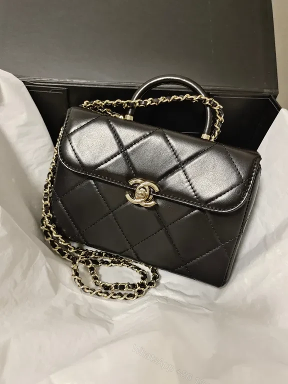 View 7 of Chic Quilted Black Leather Handbag, Gold Chain, Compact
