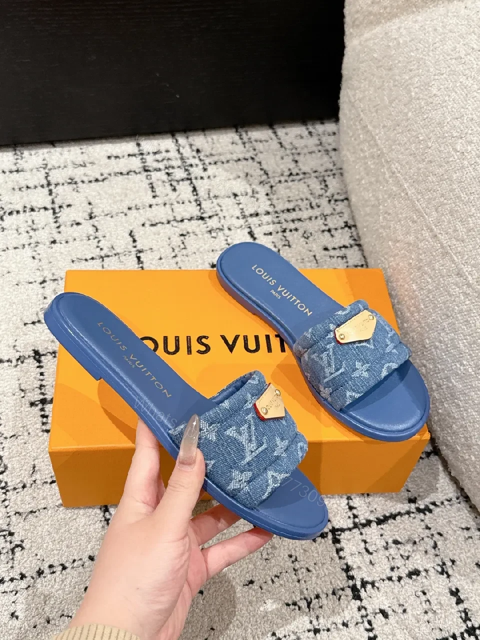 View 7 of Denim Monogram Slide with Gold Plaque: Modern Luxe Comfort